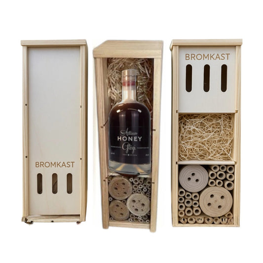 De drie fases van de Bromkast: cadeaubox met alcoholvrije drankmix die daarna een insectenhotel wordt