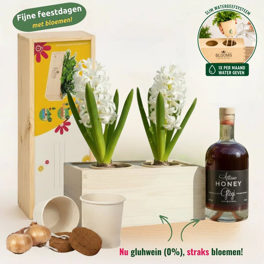 Mocktail Glühwein in een houten kistje dat een kruidenkweekset wordt: productfoto met de voordelen in het kort