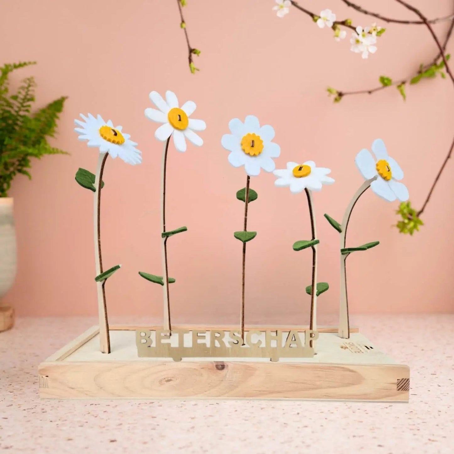 Bloemcadeau met vilten bloemen in het wit en 'beterschap'-bordje.