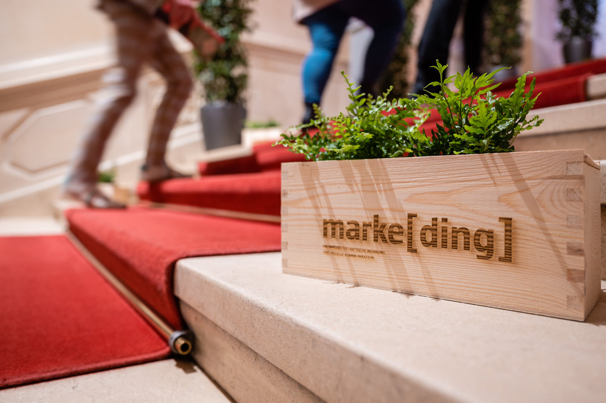 BloomsBox met planten gegraveerd met logo Markeding op trap